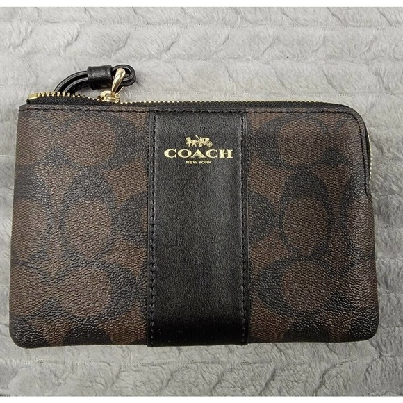 NWT Coach Corner‎ Zip Wristlet Signature Leather Canvas Black Saddle F58035 - Picture 1 of 5